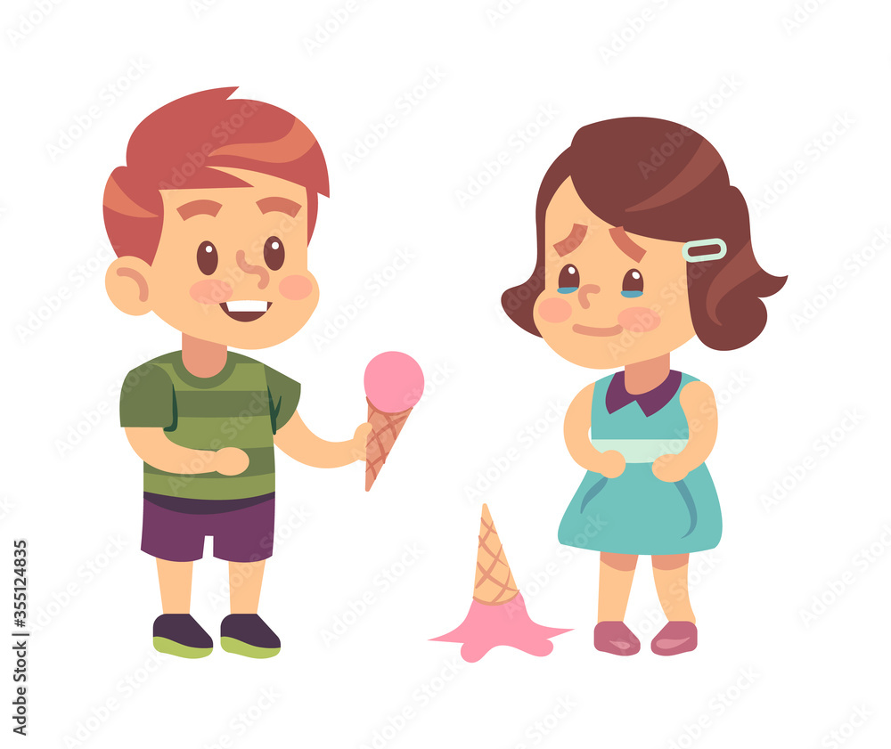 Polite children. Cute boy treats thankful girl to ice cream like symbol of kids good manners vector concept