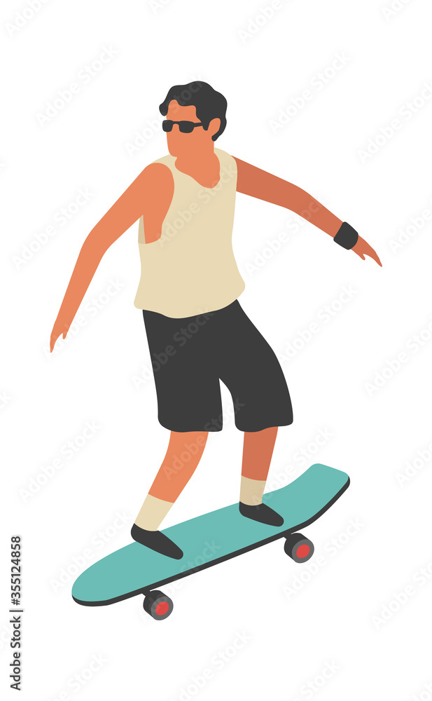Obraz premium Man rides skateboard. Happy young guy skateboarding flat vector street activities concept
