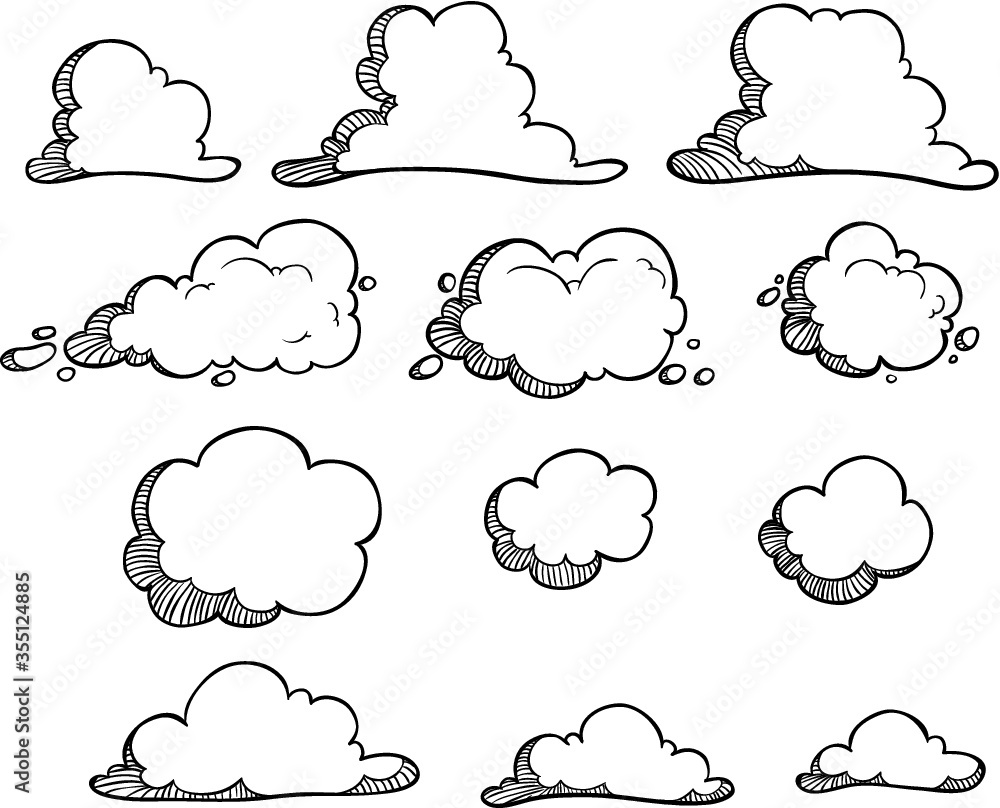 Collection of black and white clouds with hand drawing style Collection of black and white clouds with hand drawing style