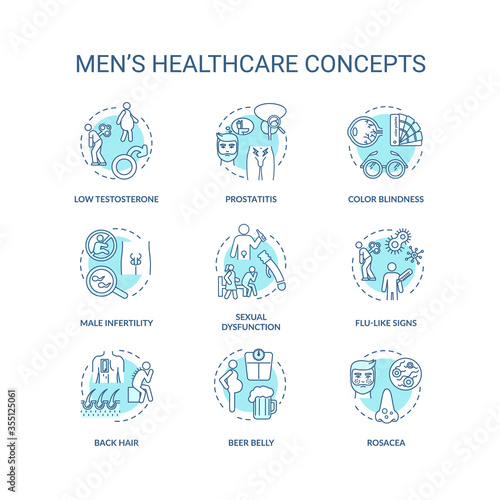 Mens healthcare concept icons set. Common diseases and health risks for men idea thin line RGB color illustrations. Male diagnoses, medical problems. Vector isolated outline drawings. Editable stroke