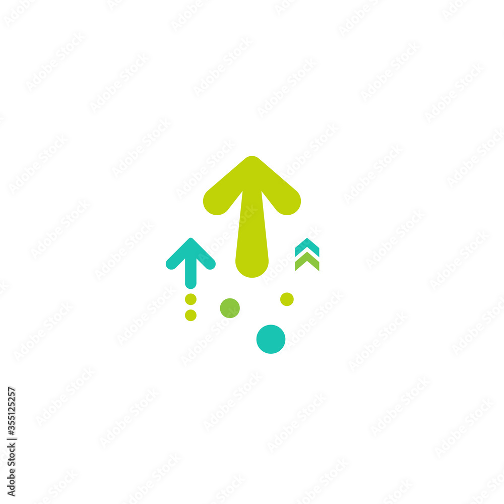 three green arrows up with dots on white background. Launch, upgraid icon. three green arrows up with dots on white background. Launch, upgraid icon.