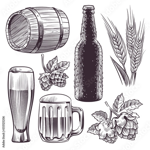 Hand drawn beer. Mug, barrel and beer glass and bottle, wheat or malt ears, hops. Vintage engraving sketch isolated vector set