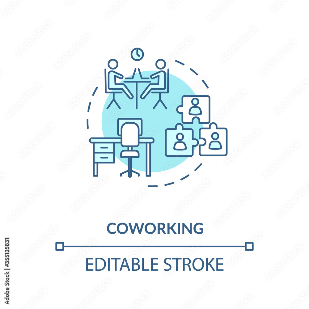 Coworking turquoise concept icon. Cooperation for startup project. Work space for partners. Shared workspace idea thin line illustration. Vector isolated outline RGB color drawing. Editable stroke