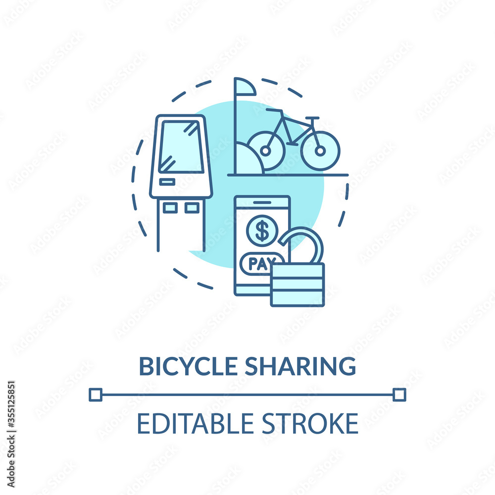 Bicycle sharing turquoise concept icon. Eco friendly urban transit. Rental for public transportation idea thin line illustration. Vector isolated outline RGB color drawing. Editable stroke