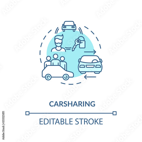 Car sharing turquoise concept icon. Vehicle rental service. Collective ride on automobile. Transport exchange idea thin line illustration. Vector isolated outline RGB color drawing. Editable stroke