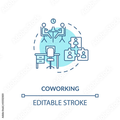 Coworking turquoise concept icon. Cooperation for startup project. Work space for partners. Shared workspace idea thin line illustration. Vector isolated outline RGB color drawing. Editable stroke