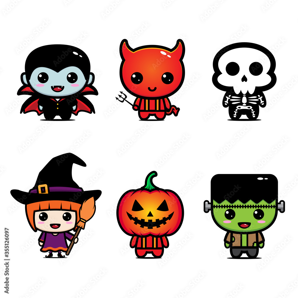Set of children in Halloween costumes. Skeleton, witch, zombie, death, ghost, mummy and vampire. Black cat and bats flat icons Set of children in Halloween costumes. Skeleton, witch, zombie, death, ghost, mummy and vampire. Black cat and bats flat icons