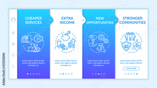 Sharing economy advantages onboarding vector template. Cheaper services and stronger communities. Responsive mobile website with icons. Webpage walkthrough step screens. RGB color concept