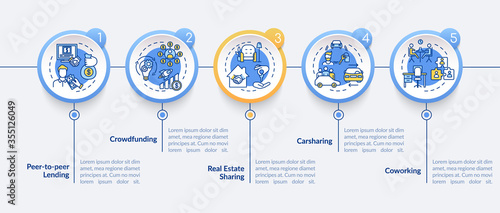 Sharing economy vector infographic template. Collaborative business models presentation design elements. Data visualization with five steps. Process timeline chart. Workflow layout with linear icons