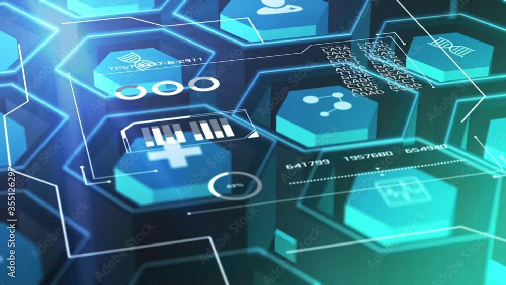 science and medicine concept, undulating hexagon grid with icons, futuristic interface, hud, close-up (3d render) science and medicine concept, undulating hexagon grid with icons, futuristic interface, hud, close-up (3d render)