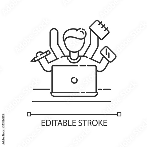 Multitasking pixel perfect linear icon. Efficiency in management. Productive employee. Thin line customizable illustration. Contour symbol. Vector isolated outline drawing. Editable stroke