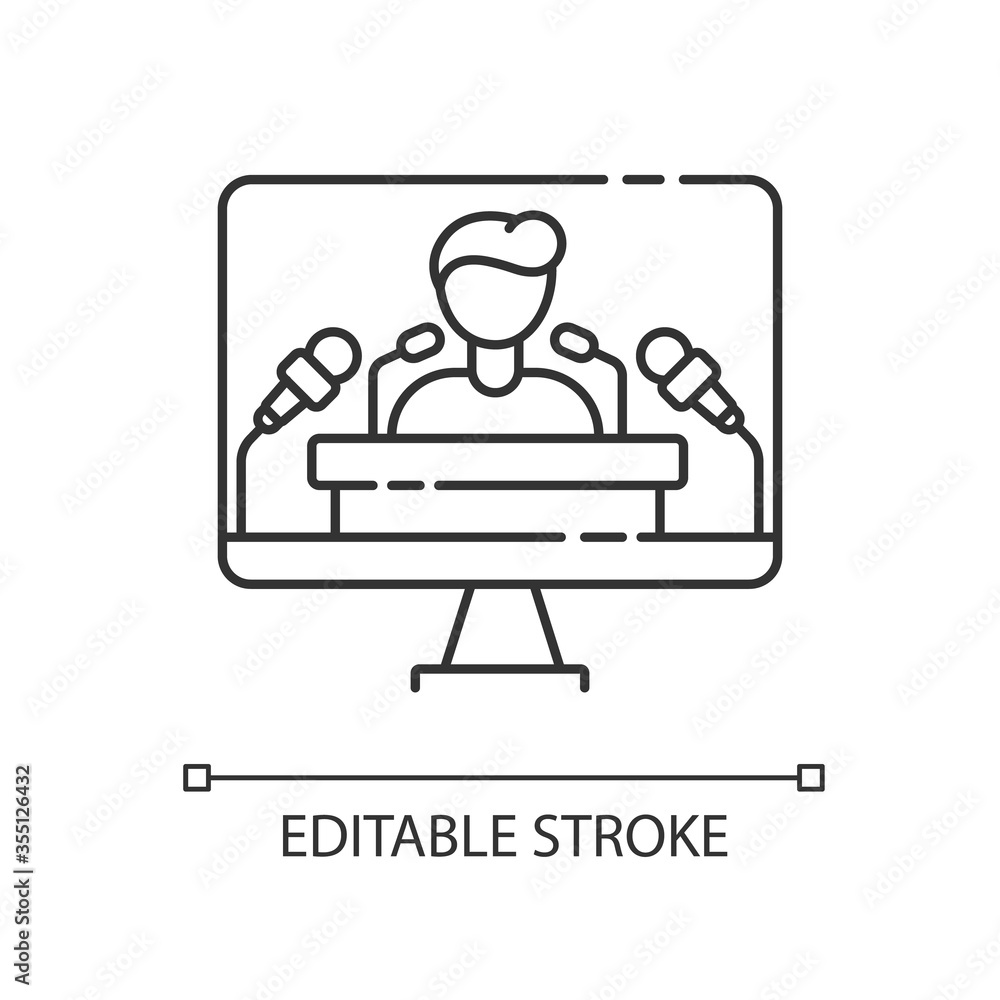 Press conference pixel perfect linear icon. TV broadcasting of special announcement. Thin line customizable illustration. Contour symbol. Vector isolated outline drawing. Editable stroke Press conference pixel perfect linear icon. TV broadcasting of special announcement. Thin line customizable illustration. Contour symbol. Vector isolated outline drawing. Editable stroke