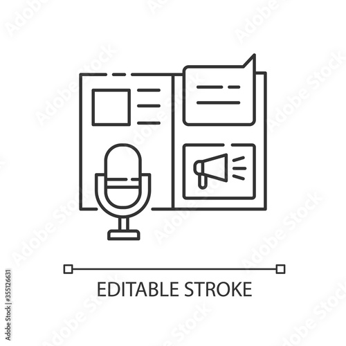 Press release pixel perfect linear icon. Promotion through announcement. Public relation. Thin line customizable illustration. Contour symbol. Vector isolated outline drawing. Editable stroke