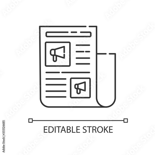 Advertorial pixel perfect linear icon. Native advertisement in newspaper. News for engagement. Thin line customizable illustration. Contour symbol. Vector isolated outline drawing. Editable stroke