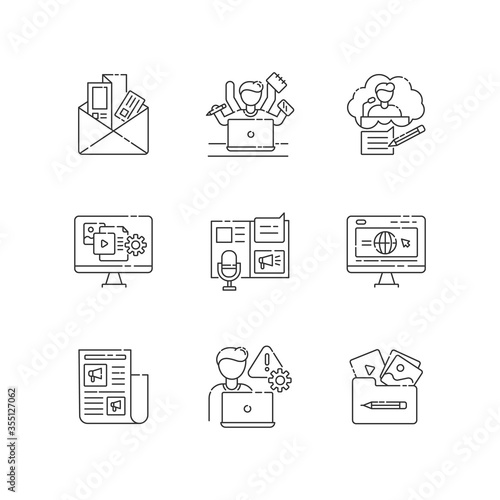 Blogging pixel perfect linear icons set. Newsletter and brochure. Speech writing for conference. Customizable thin line contour symbols. Isolated vector outline illustrations. Editable stroke