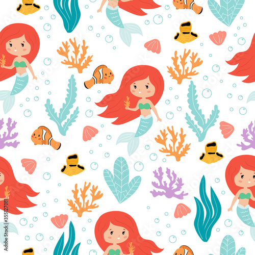 Cute kawaii mermaids seamless pattern on white background. Vector cartoon fish, coral reef and seaweeds. Ideal for children fabric, nursery and books.