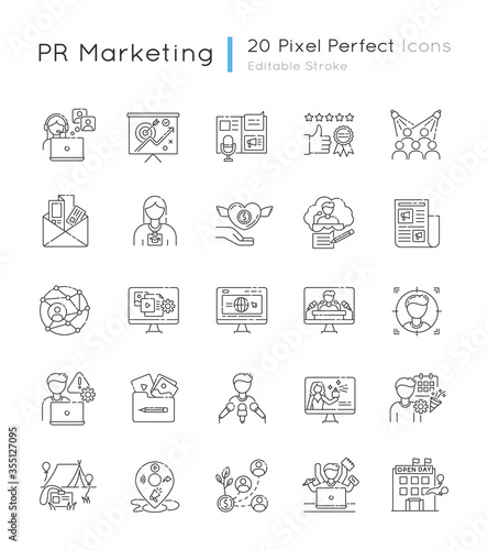 Pr marketing pixel perfect linear icons set. Brand image. Corporate identity. Public relation. Customizable thin line contour symbols. Isolated vector outline illustrations. Editable stroke