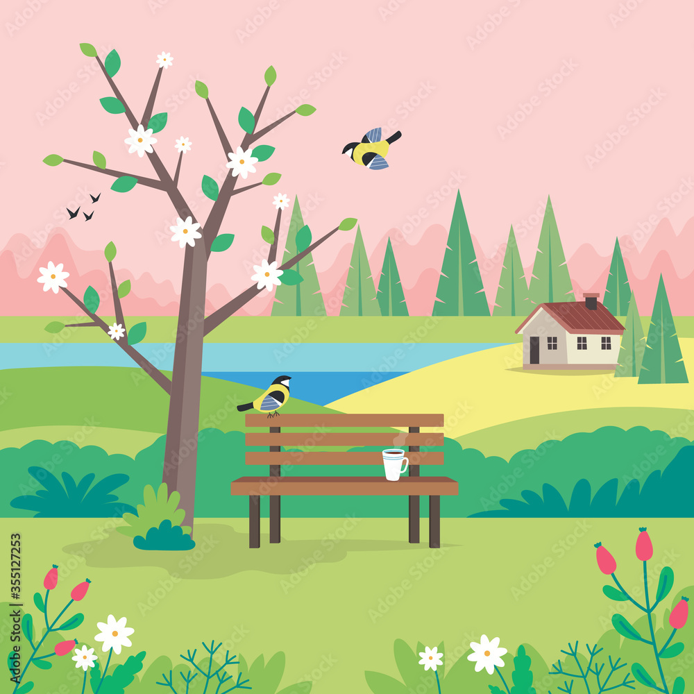 Spring landscape with bench, flourishing tree, house, fields and nature. Cute illustration in flat style