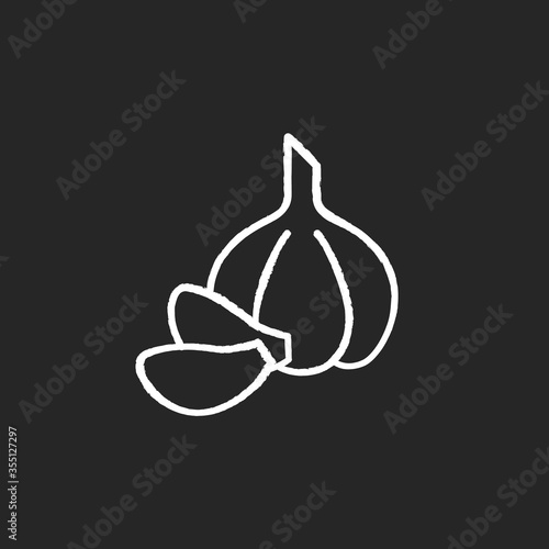 Garlic chalk white icon on black background. Fresh vegetable for seasoning. Whole veggie to prepare sauce. Condiment for vegan salad ingredient. Isolated vector chalkboard illustration