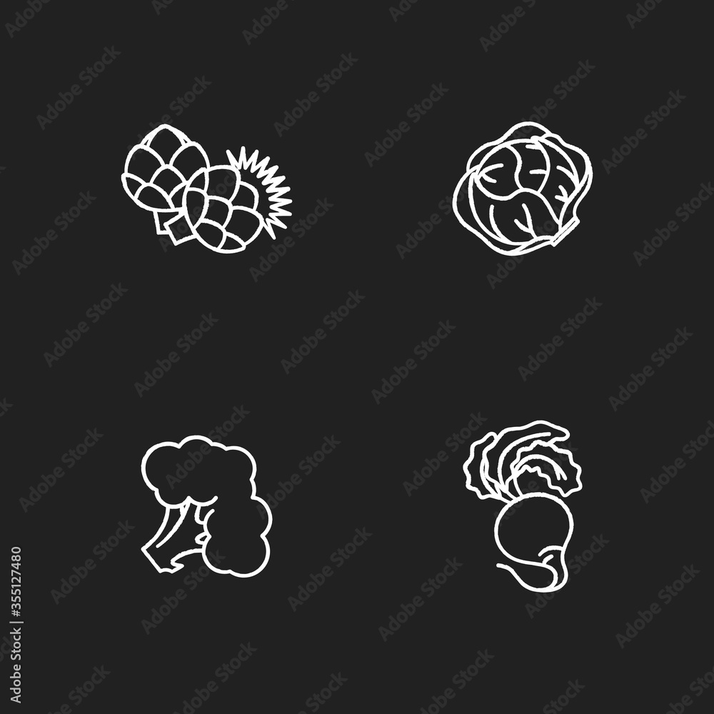 Dieting chalk white icons set on black background. Greenery plants. Fresh garden vegetables. Lettuce head. Raw cabbage. Ripe radish ingredient for salad. Isolated vector chalkboard illustrations Dieting chalk white icons set on black background. Greenery plants. Fresh garden vegetables. Lettuce head. Raw cabbage. Ripe radish ingredient for salad. Isolated vector chalkboard illustrations