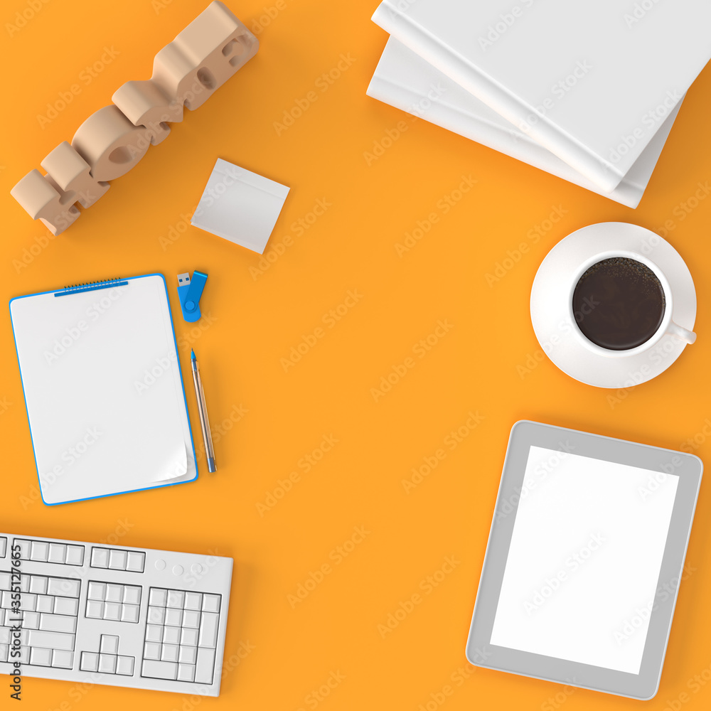 Work from home concept, product mockup with office supplies coffee Work from home concept, product mockup with office supplies coffee
