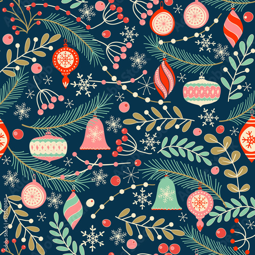 Merry Christmas, Happy New Year seamless pattern with toys, holly leaves and berries for greeting cards, wrapping papers. Seamless winter pattern. Vector illustration.