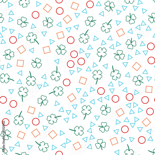 Seamless pattern on a white background. Clover and geometric shapes. Design for fabric, packaging, papers. Vector