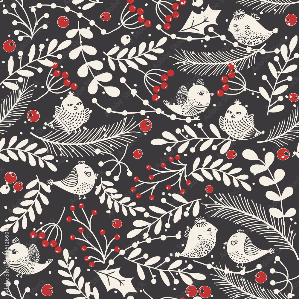 Merry Christmas, Happy New Year seamless pattern with birds, holly leaves and berries for greeting cards, wrapping papers. Seamless winter pattern. Vector illustration. Merry Christmas, Happy New Year seamless pattern with birds, holly leaves and berries for greeting cards, wrapping papers. Seamless winter pattern. Vector illustration.