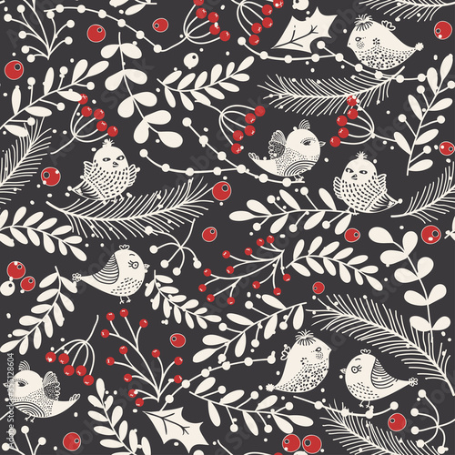 Merry Christmas, Happy New Year seamless pattern with birds, holly leaves and berries for greeting cards, wrapping papers. Seamless winter pattern. Vector illustration.