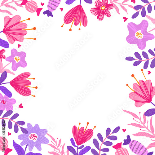 Doodle vector flower frame. Square photo frame for girl. Cute design for greeting cards or posters.