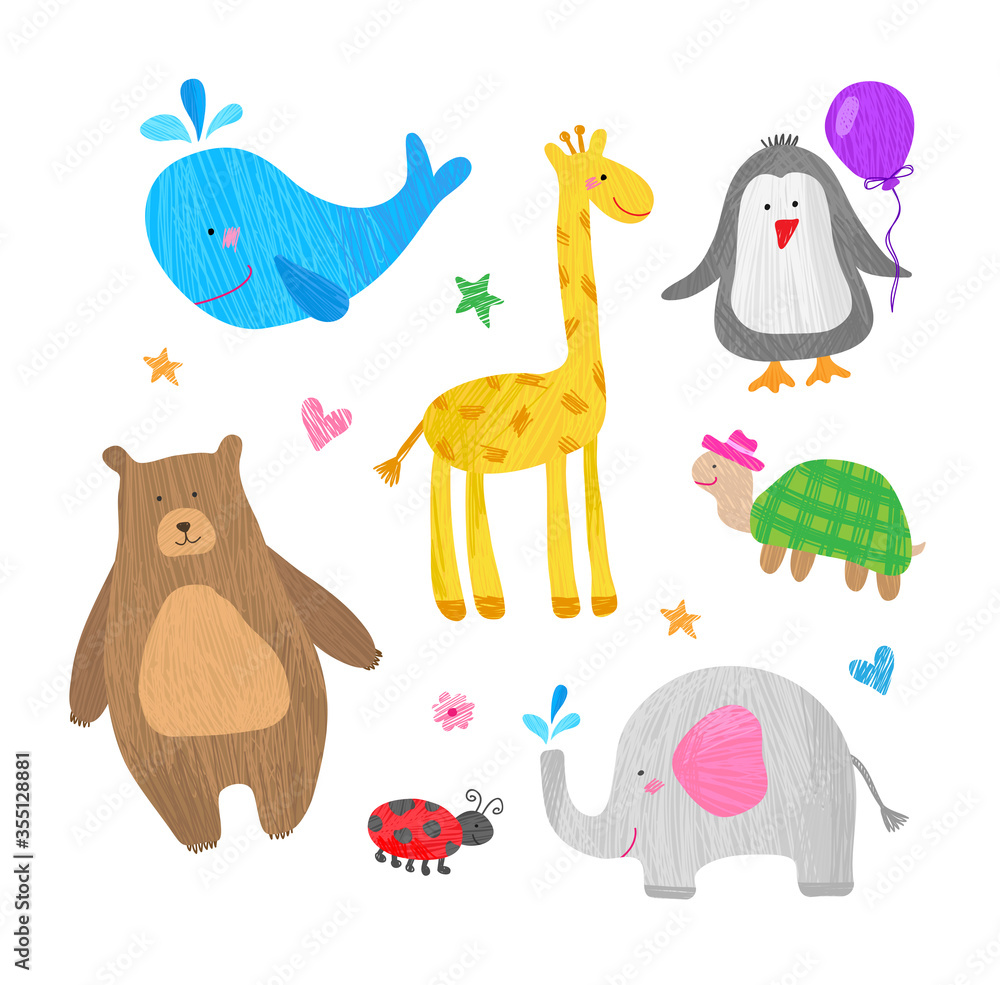 Drawings of animals for children. Vector animals drawn in kid's style. Whale, giraffe, penguin, turtle, bear, ladybug, elephant. Drawings of animals for children. Vector animals drawn in kid's style. Whale, giraffe, penguin, turtle, bear, ladybug, elephant.