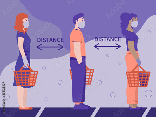 the queue of people waiting behind the line in gloves and masks prevention of coronavirus flat illustration of the rules for preventing the spread of covid-19 and social distance