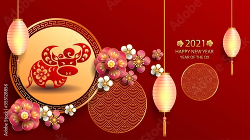 Happy new year 2021 / Chinese new year / Year of the ox / Zodiac sign for greetings card, invitation, posters, brochure, calendar, flyers, banners 