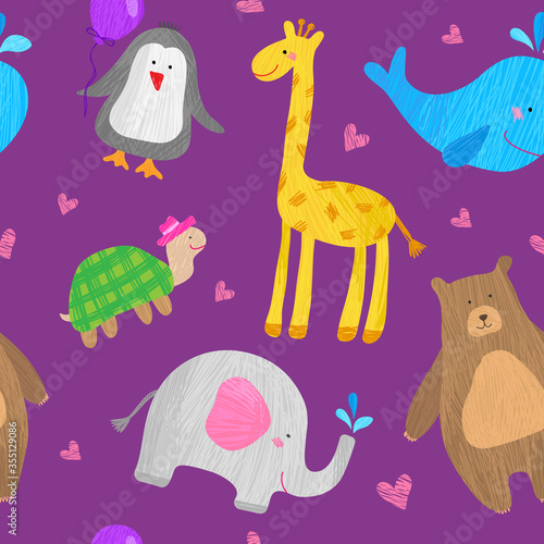 Drawings of animals for children. Vector seamless background of different animals  drawing in kid s style. Whale  giraffe  penguin  turtle  bear  ladybug.