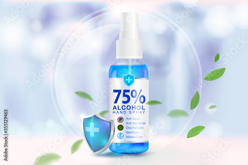 Hand sanitizer spray 75% alcohol components, kill up to 99.99% of covid-19 viruses, bacteria and germs on a blurred light blue background. Pack in clear plastic bottles used to spray.Realistic file.