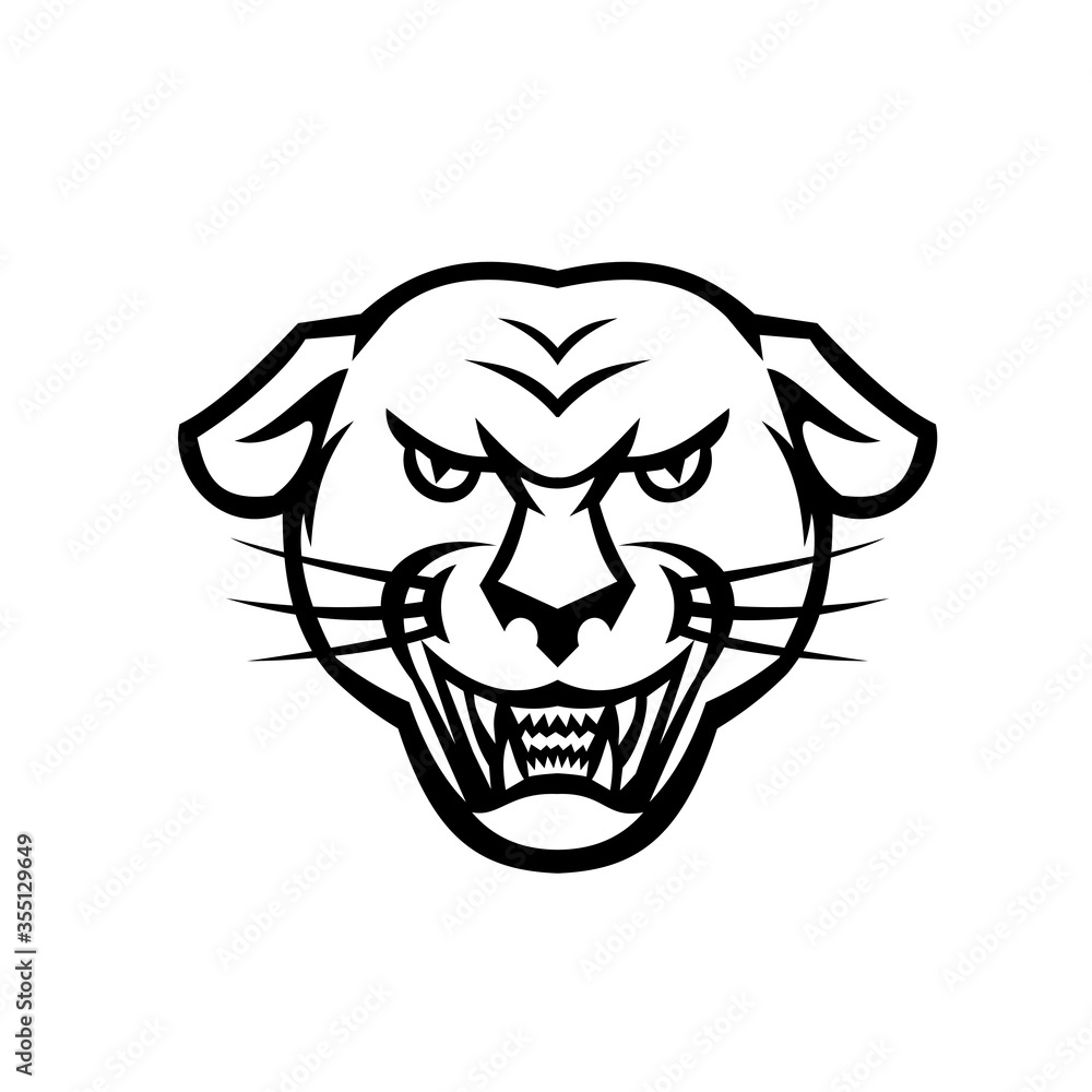 Angry Black Panther Head Baring Fangs Mascot Black and White