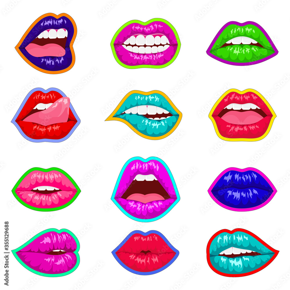 Fototapeta Colorful female lips collection. Vector illustration of sexy woman's lips. Smile, kiss. Isolated