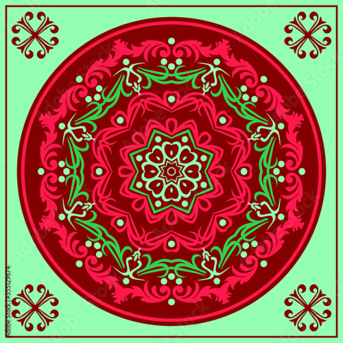 Modern geometric ornament in floral style. Artdeco. Illustration For Design. Mandala. The Ornament. Symmetry texture. Print for shawl and carpet, tile. Vector.