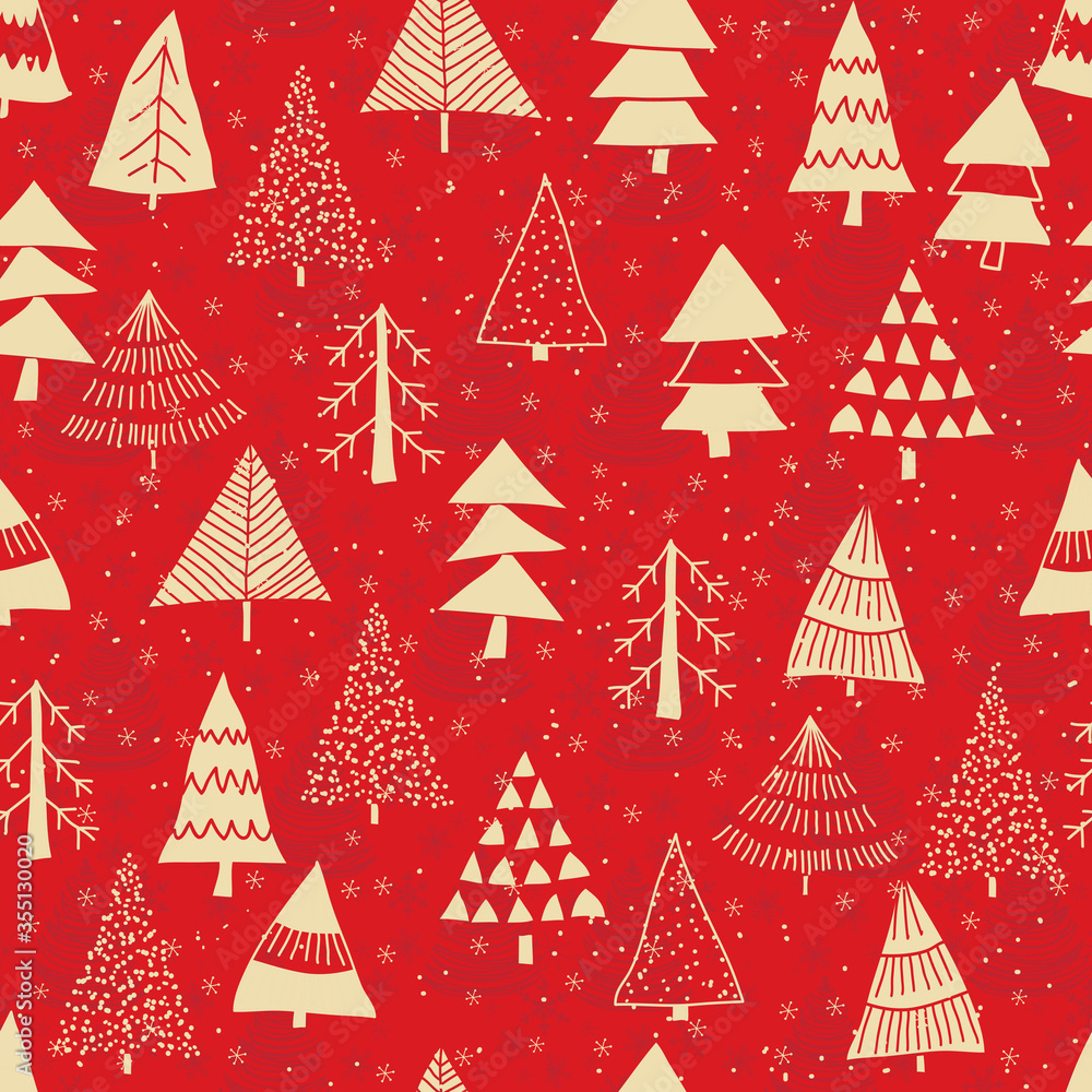 Merry Christmas, Happy New Year seamless pattern with trees for greeting cards, wrapping paper. Doodles. Seamless colorful winter pattern on red background. Vector illustration.