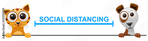 Cute pets with social distance.Vector illustration of pets social distancing.