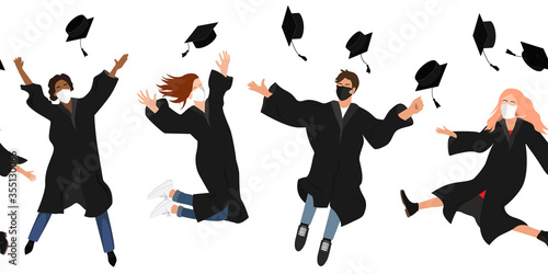 Seamless border with happy graduate students in medical masks. 2020 Grads jumping and throwing the mortarboard high into the air. Flat vector illustration pattern isolated on white