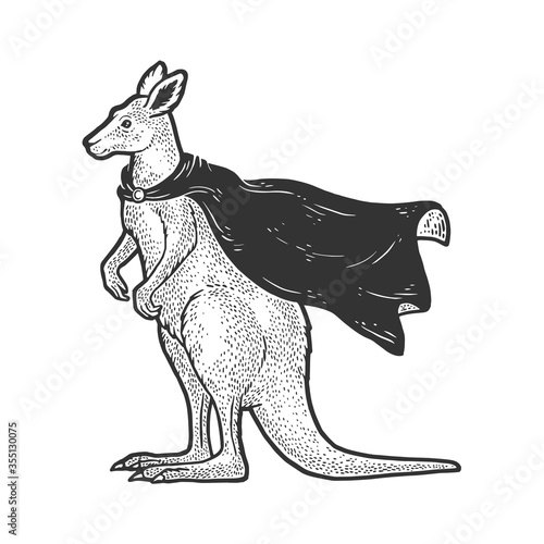 kangaroo in superhero cloak cape sketch engraving vector illustration. T-shirt apparel print design. Scratch board imitation. Black and white hand drawn image.