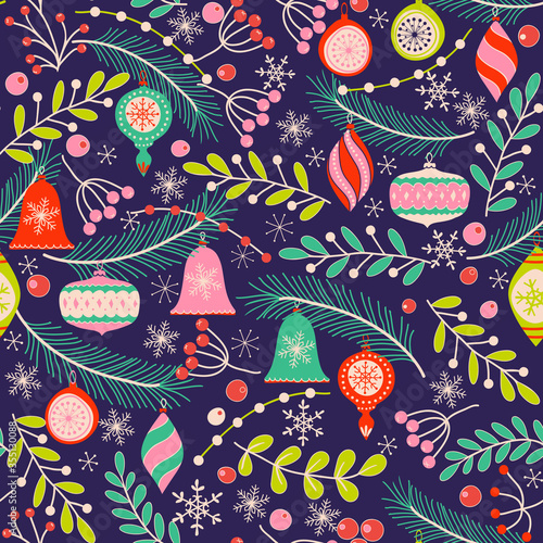Merry Christmas, Happy New Year seamless pattern with fir cone, holly leaves and berries for greeting cards, wrapping papers. Seamless winter pattern. Vector illustration.