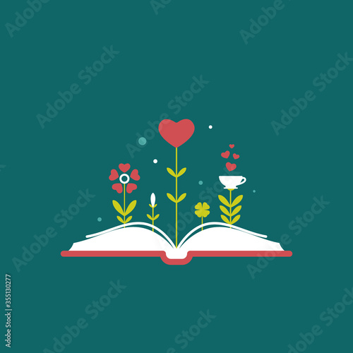 World book day card. Open book with red cover and red hearts and flowers