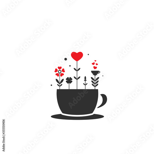 cup with hearts  flowers and sprouts icon. Mug with tea or coffee icon flat.
