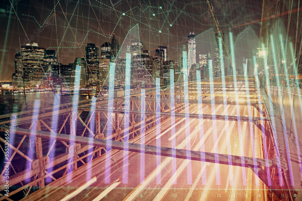 Forex chart on cityscape with tall buildings background multi exposure. Financial research concept. Forex chart on cityscape with tall buildings background multi exposure. Financial research concept.