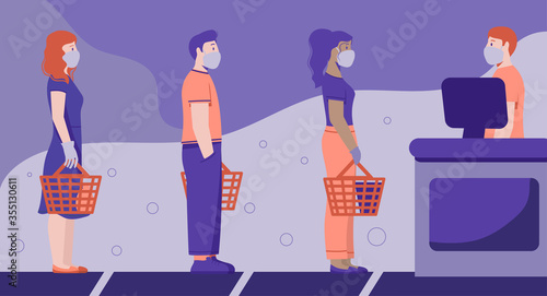 the queue of people waiting behind the line in gloves and masks prevention of coronavirus flat illustration of the rules for preventing the spread of covid-19 and social distance