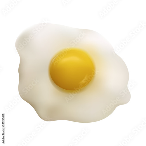 Fried egg isolated on a white background. Realistic icon of cooked food. Top view. Vector illustration 3D. Design element.