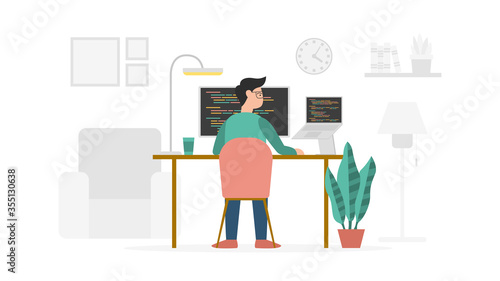 programming developer work from home with modern flat style and minimalist green color theme