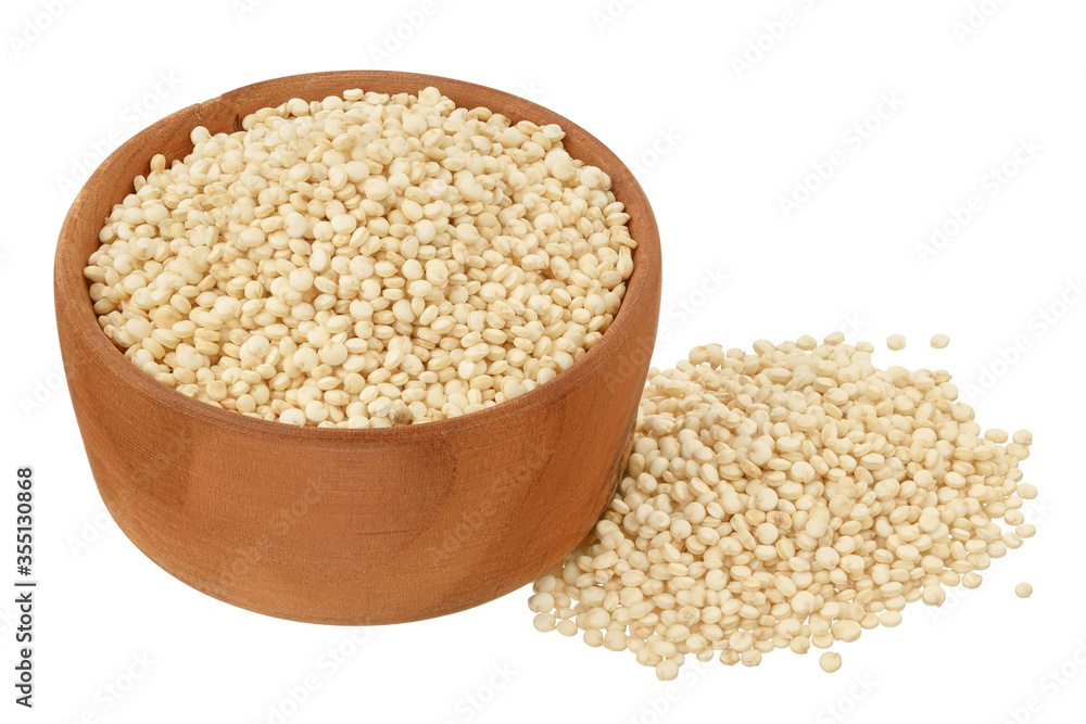 white quinoa seeds in wooden bowl isolated on white background with clipping path and full depth of field white quinoa seeds in wooden bowl isolated on white background with clipping path and full depth of field